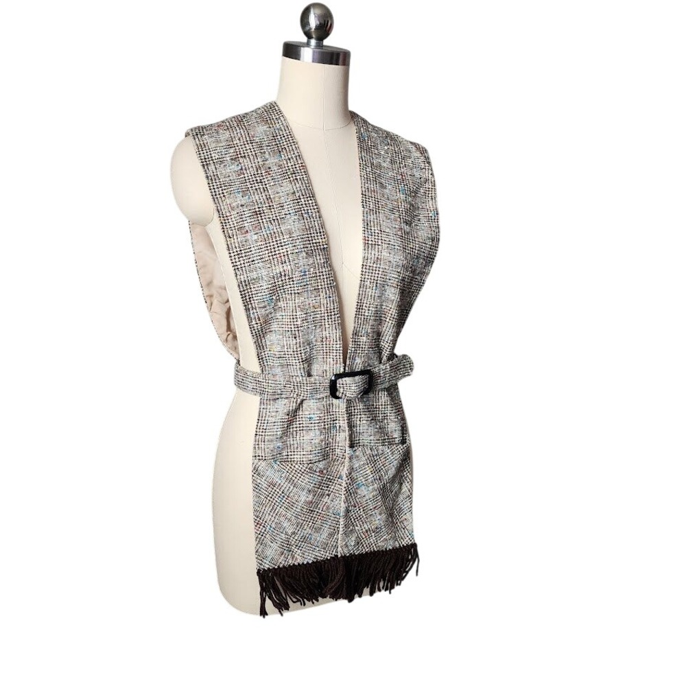 PEGGI MODEN VINTAGE 60's Tweed Skirt Set Belted Vest Fringe Academia‎